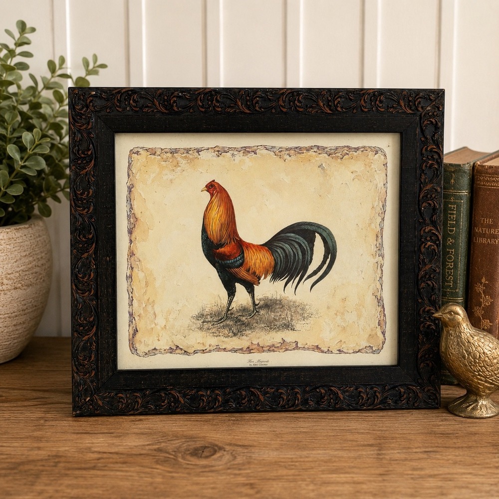 Julia Crainer His Majesty Rooster Print Ornate Framed Farmhouse Wall Art 13.5x12